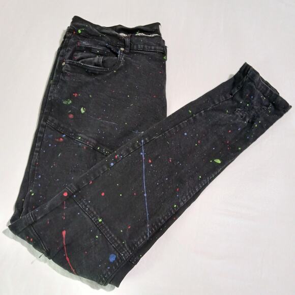 FWRD Denim 42 black skinny jeans paint splatter effect inseam 34 inset knees - Picture 1 of 12